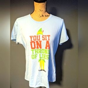 ❄️ Women's XL, Light Blue, Buddy The Elf "You sit on a Throne of Lies" T-shirt